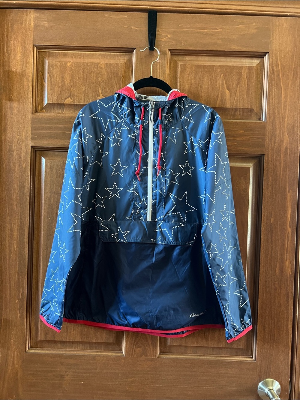 Eddie Bauer Jacket with Hood Light Waterproof Red White Blue Star-Print Size L